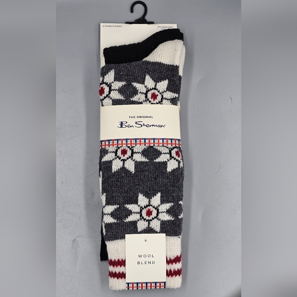 Ben Sherman Wool Blend Thick Boot Socks Winter Snowflake Pattern 2 Pairs Gray